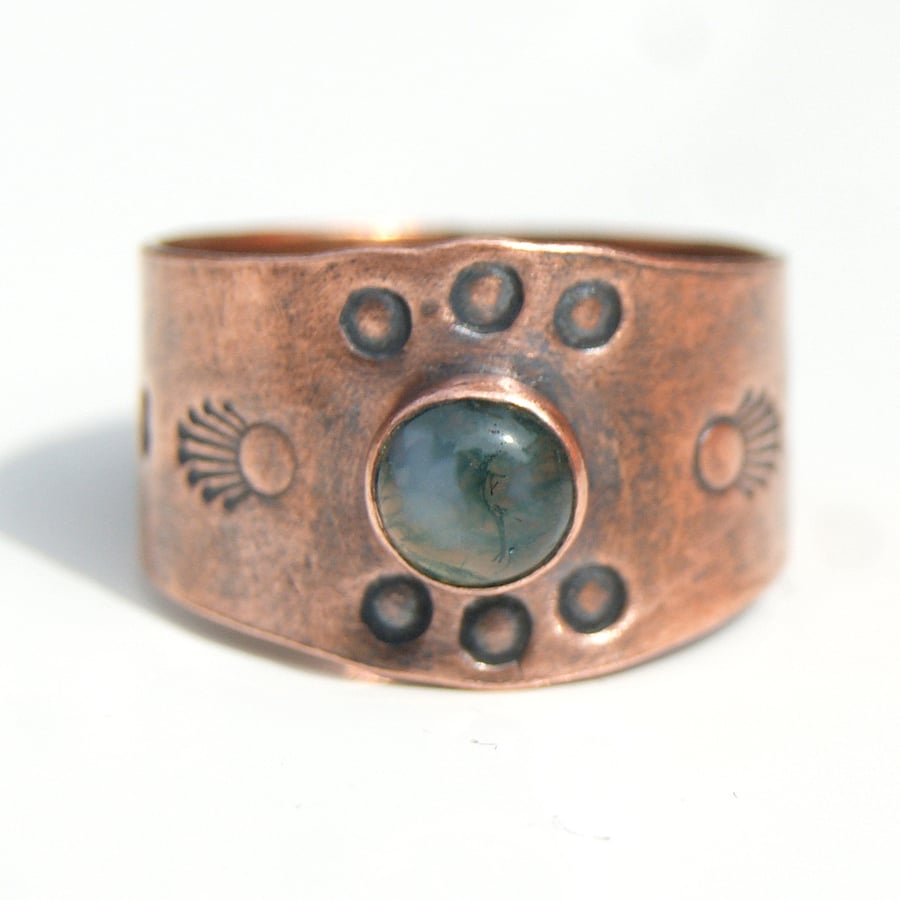 Moss Agate Copper Ring, Rustic Copper Jewellery, Natural Gemstone