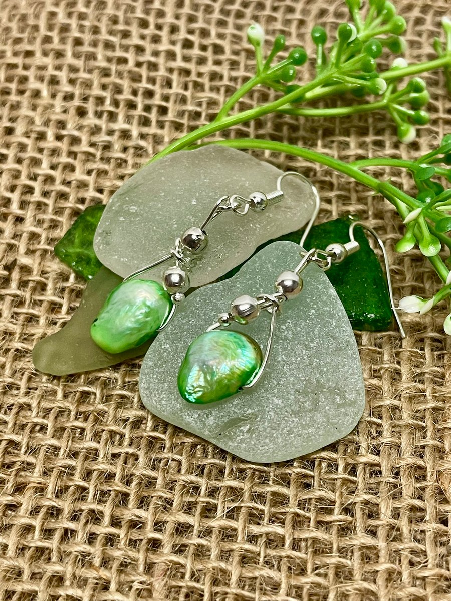Green Baroque Freshwater Pearl Drop Earrings