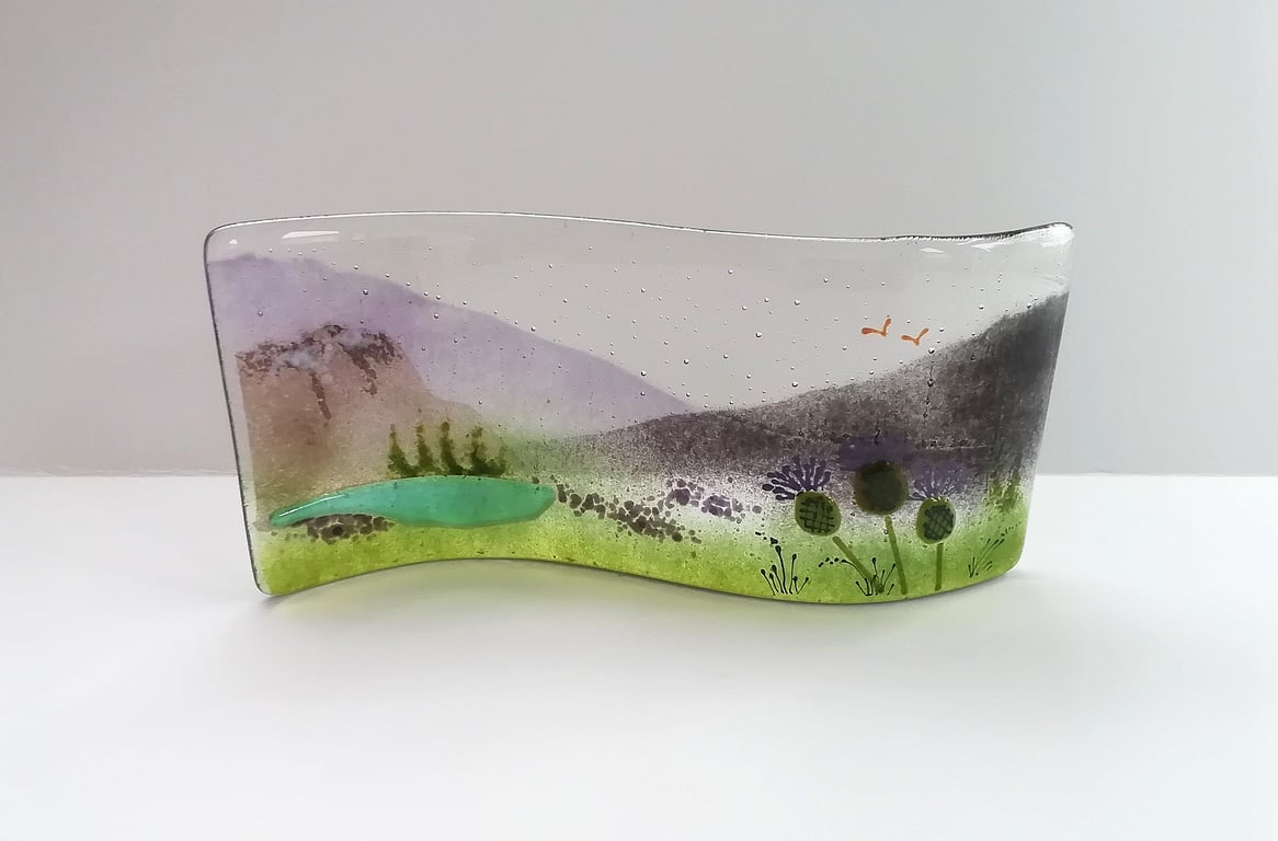 Scottish Highlands landscape, fused glass landscape art, decor for the home. 