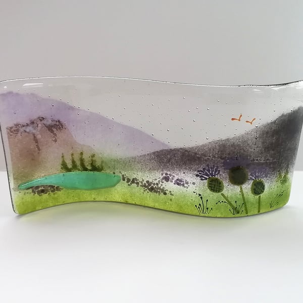 Scottish Highlands landscape, fused glass landscape art, decor for the home. 