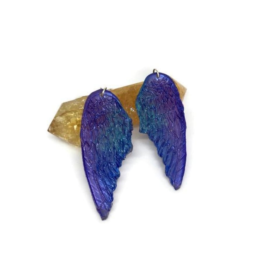 Angel wing statement earrings purple blue and turquoise on sterling silver.