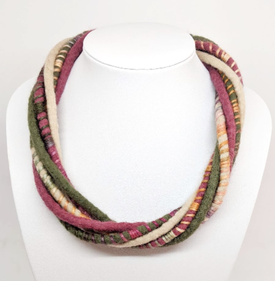The Wrapped Twist: felted cord necklace in shades of green, stone and mulberry