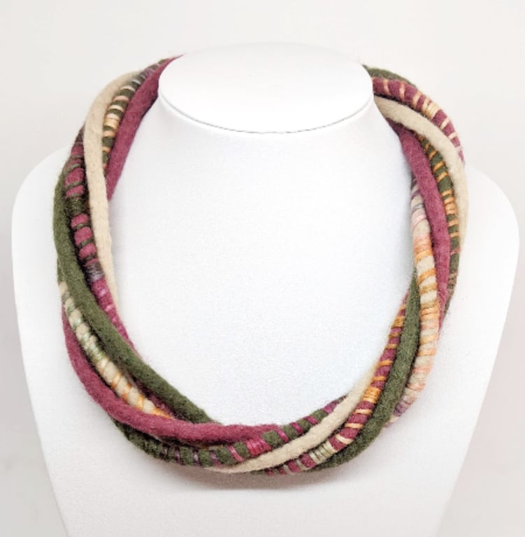 The Wrapped Twist: felted cord necklace in shades of green, stone and mulberry