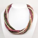 The Wrapped Twist: felted cord necklace in shades of green, stone and mulberry