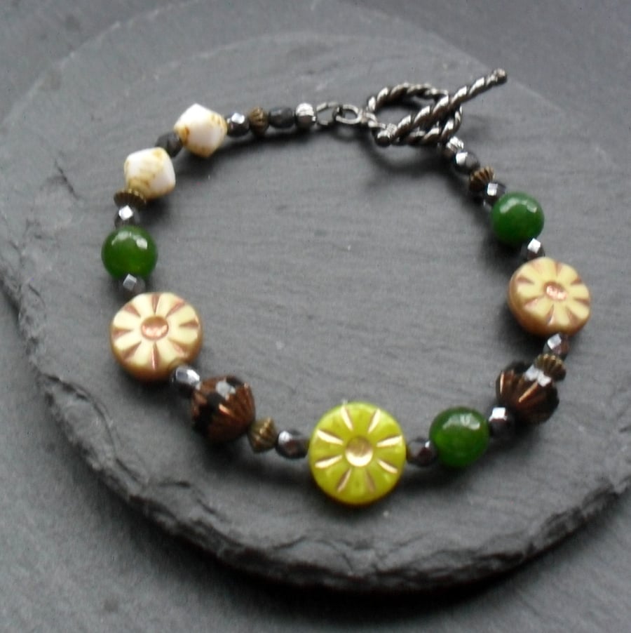 Sale Czech Glass Beaded Bracelet Green and Gunmetal Grey Flower Bracelet