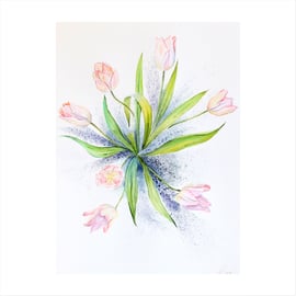 Pink Tulip  Spring Flowers Original Watercolour Painting