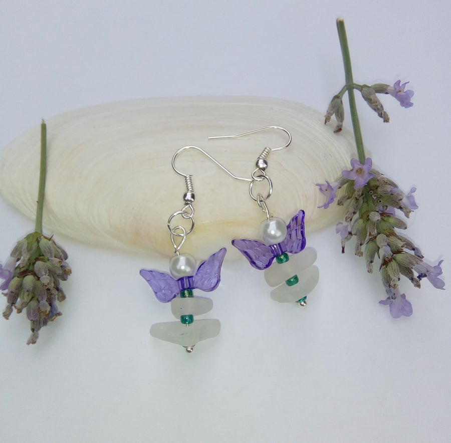 Lavender sea glass fairy earrings. Sea glass jewellery.