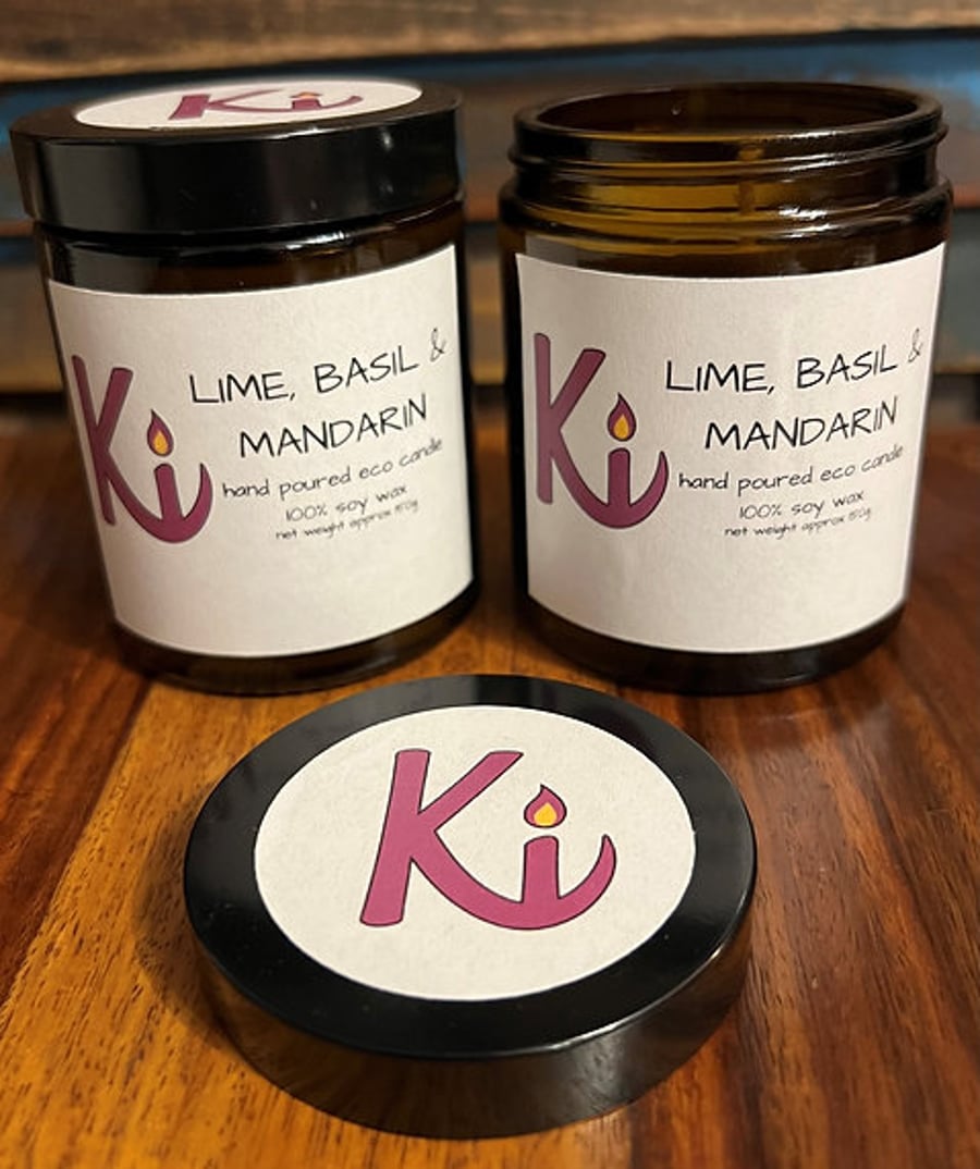 Lime, Basil & Mandarin scented soy candle in an apothecary jar