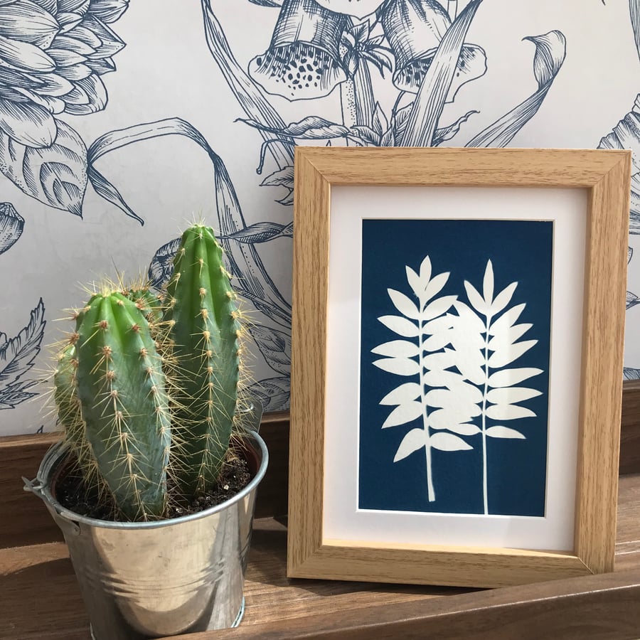 Cyanotype Original Art is framed and looking pretty.