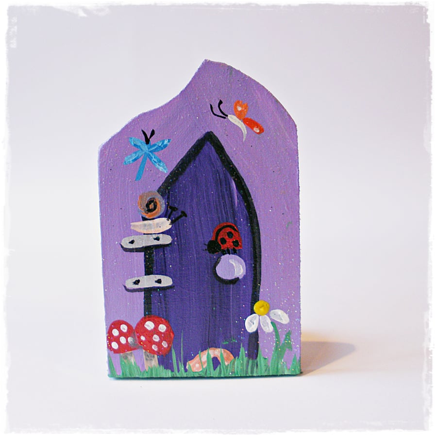 Small Fairy Door, Purple and Lilac, flower toadstool, butterfly and insects