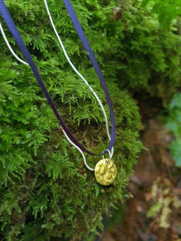 Sapphire blue ribbon multi layered silver chain necklace with gold pendant 