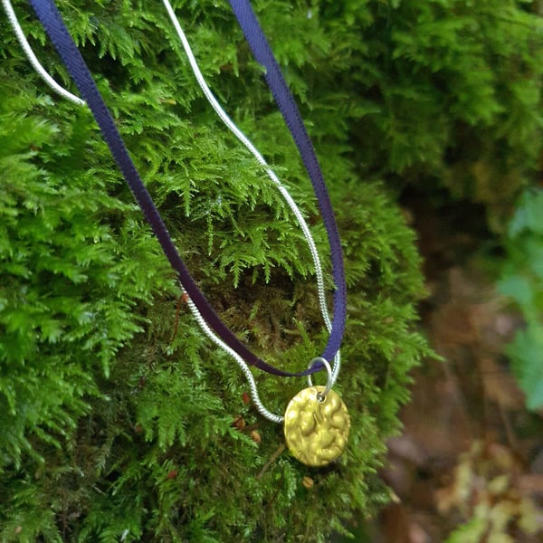 Sapphire blue ribbon multi layered silver chain necklace with gold pendant 