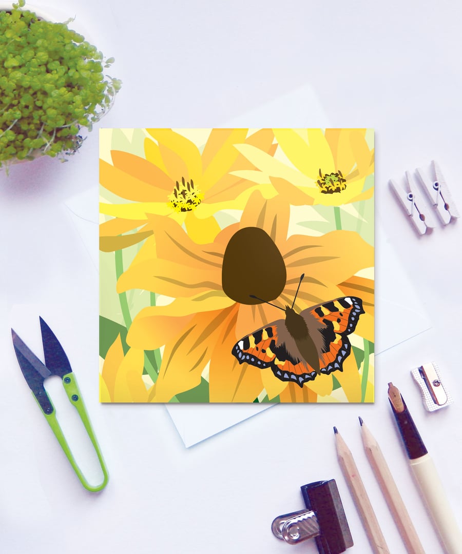 Rudbeckia and Butterfly Card - birthday, floral, summer, Tortoiseshell butterfly