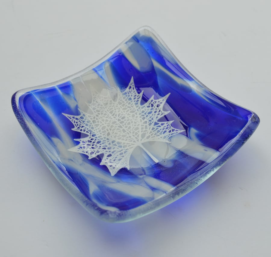 Blue Dappled Glass Trinket Dish - Maple Leaf Design - Birthday, Friend, sister