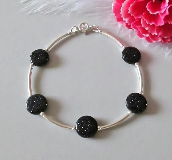 Sparkly Midnight Blue Goldstone Coin Beads & Sterling Silver Bangle Bracelet