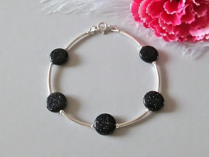 Sparkly Midnight Blue Goldstone Coin Beads & Sterling Silver Bangle Bracelet