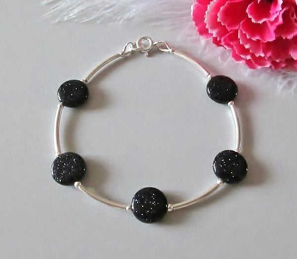Sparkly Midnight Blue Goldstone Coin Beads & Sterling Silver Bangle Bracelet