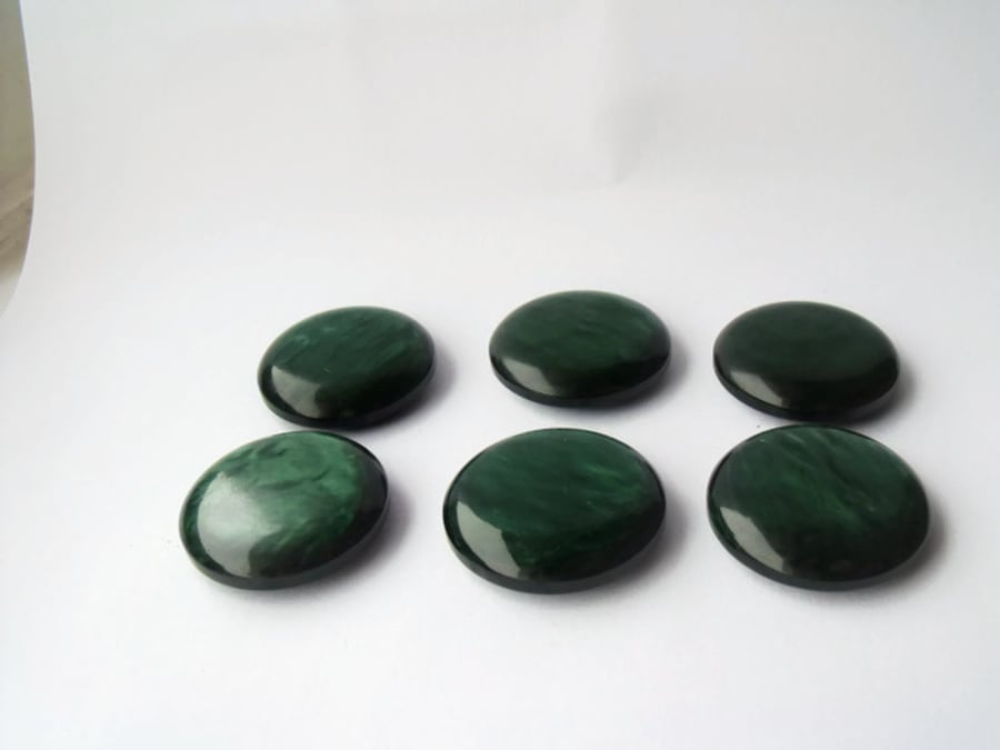 six vintage shiny green marbled resin buttons for dressmaker or costumier
