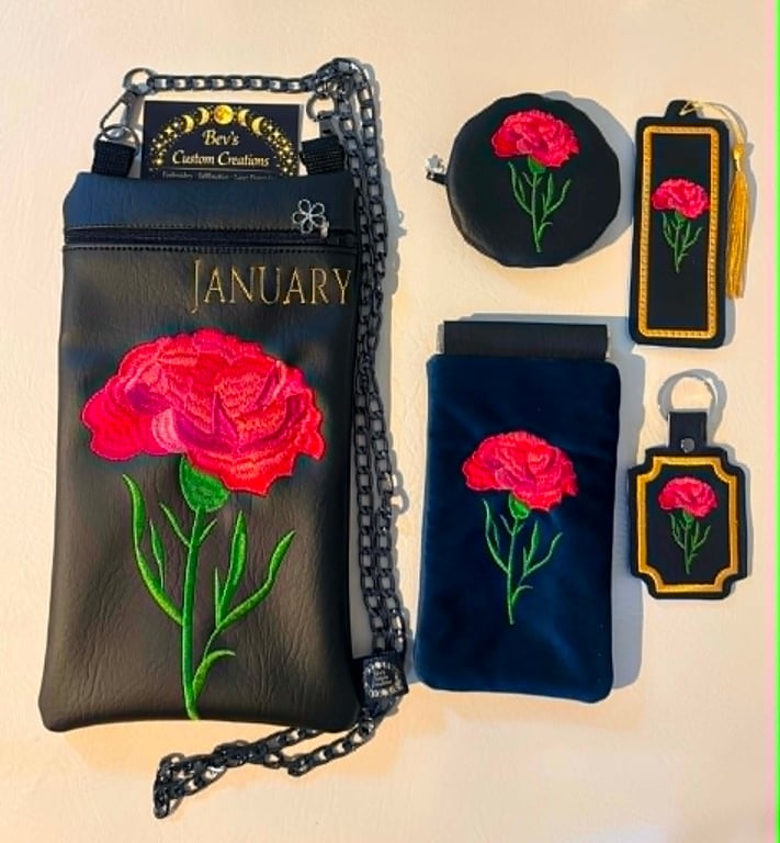 January Birth Flower Gift Set – Embroidered Bag, Bookmark, Keyring & Coin Purse