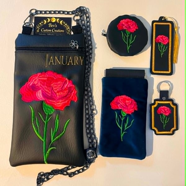 January Birth Flower Gift Set – Embroidered Bag, Bookmark, Keyring & Coin Purse