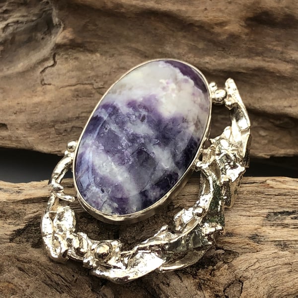 Amethyst quartz sterling silver brooch with melted silver decoration -00002603