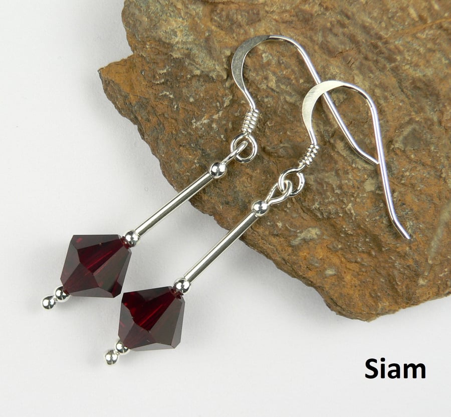 Red Preciosa crystal drop earrings, sterling silver, 8mm, bicone