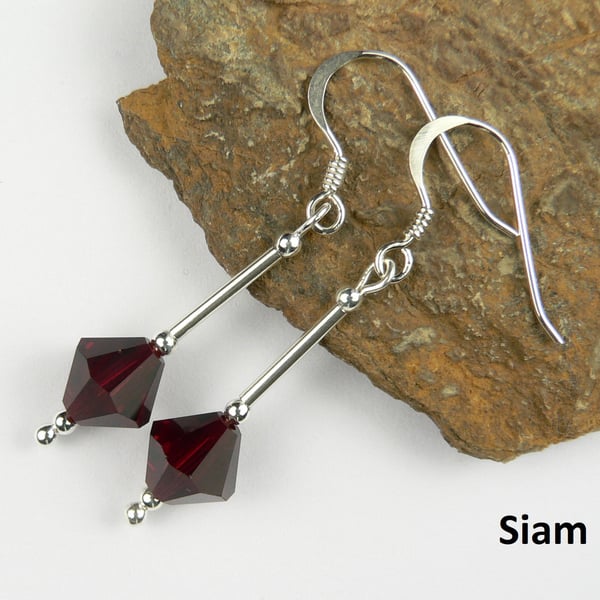 Red Preciosa crystal drop earrings, sterling silver, 8mm, bicone