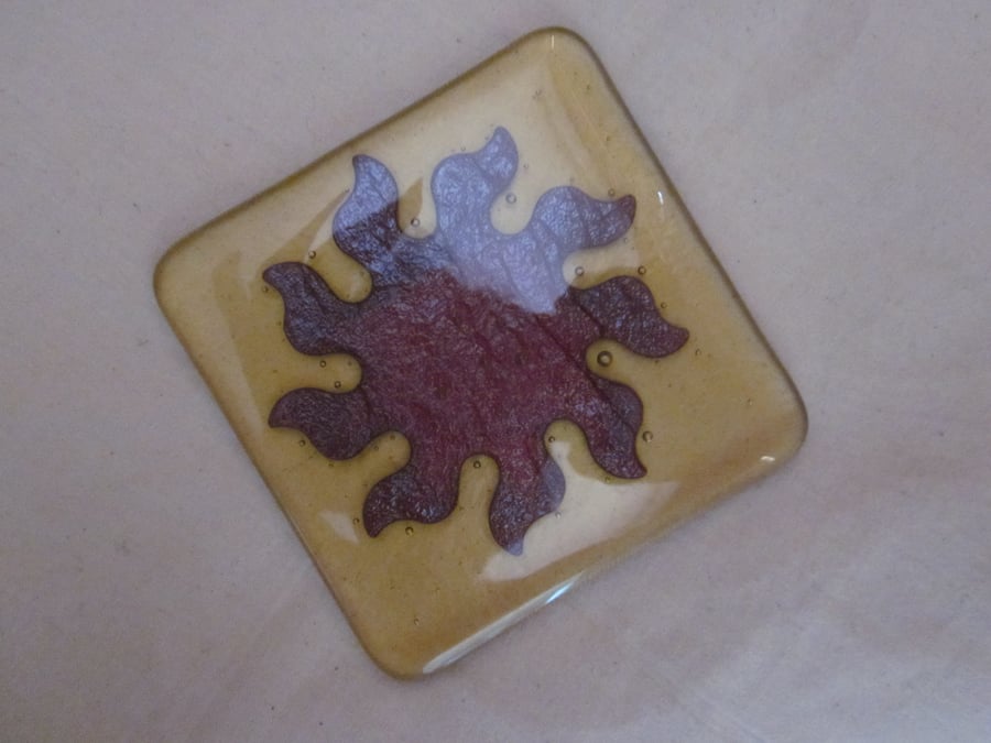 Handmade fused glass coaster - copper sun on yellow
