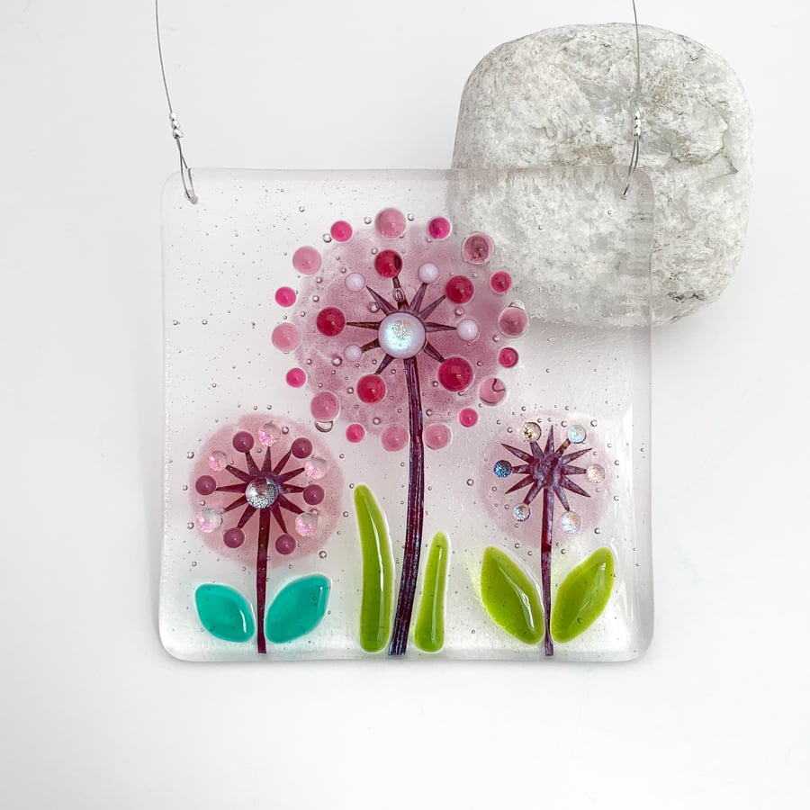 Fused Glass Pink Allium Square Hanging 2 - Handmade Glass Suncatcher