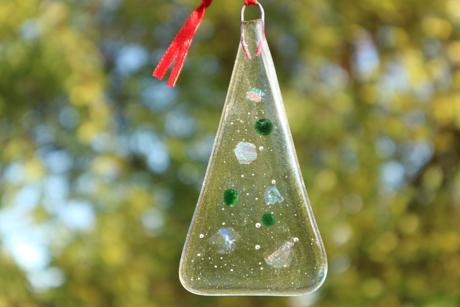 Fused glass Christmas tree decorations - clear dichroic and emerald