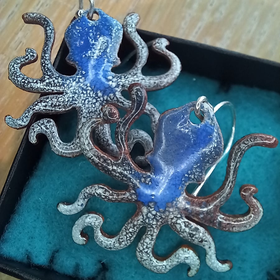 Blue Octupus enamelled earrings