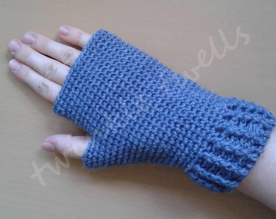 Crochet Fingerless Gloves - Blue Medium-Large