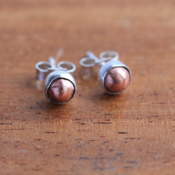 Silver and Copper Earrings - Silver Stud Earrings - Copper Nugget Earrings