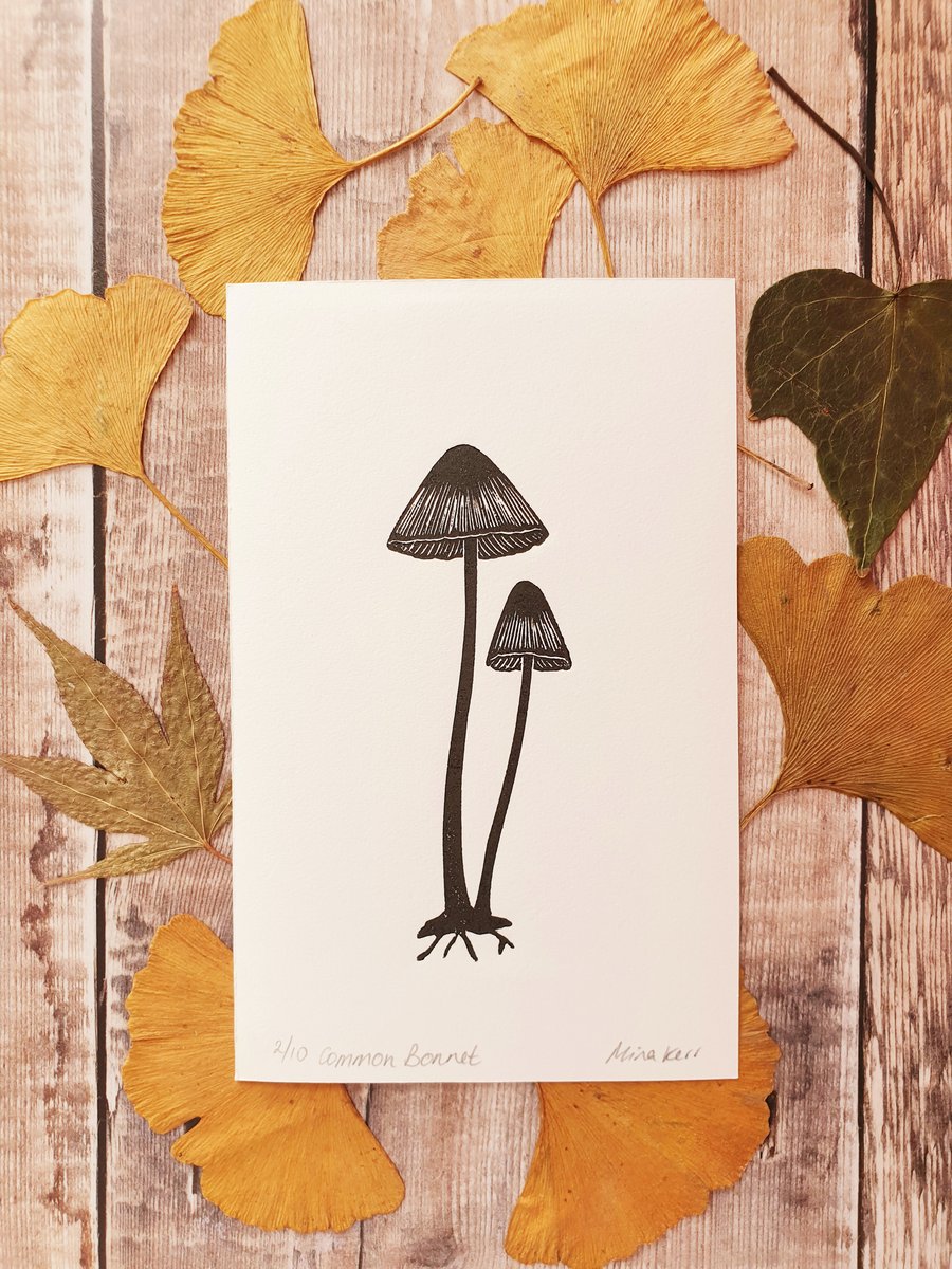 Small Bonnet Mushroom Lino Print - Fungi Linocut - Fungi Mini Print