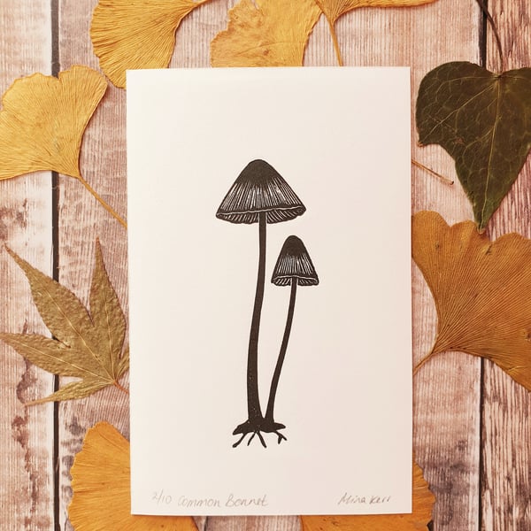 Small Bonnet Mushroom Lino Print - Fungi Linocut - Fungi Mini Print