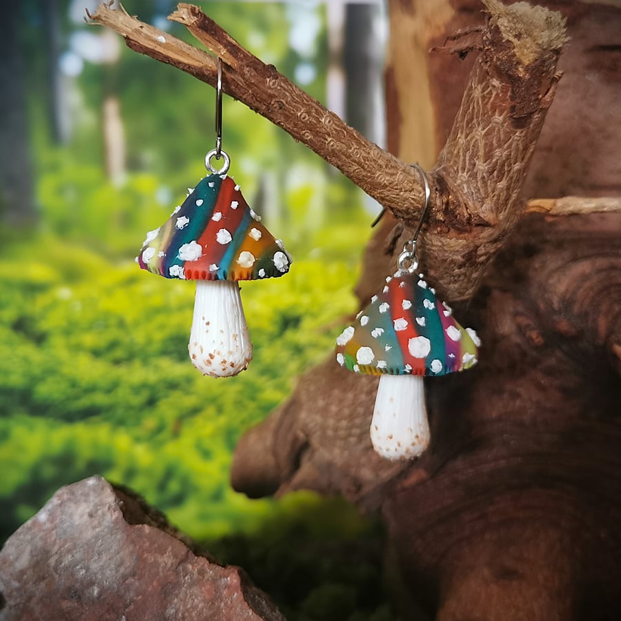 Long Colourful Stripey Mushroom Earrings