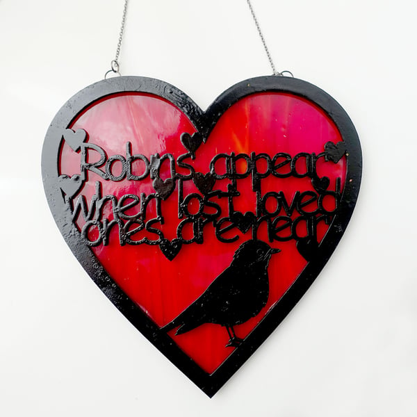 Stained Glass Heart with Robin quote hanging suncatcher ornament