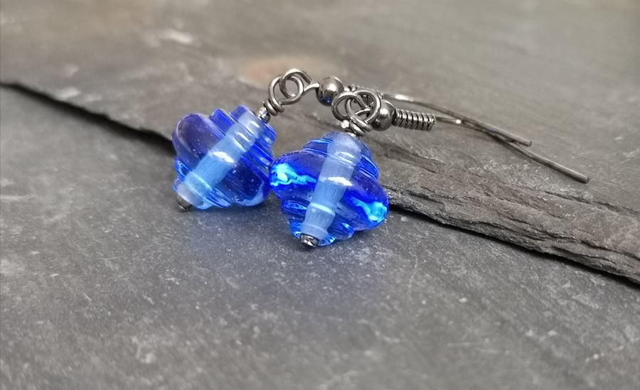 Royal blue lamp work glass bead earrings with gunmetal ear wires 