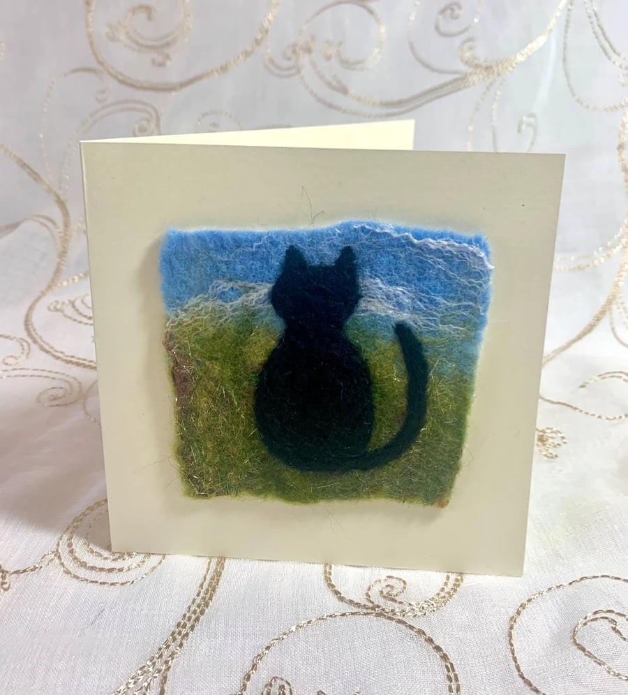 Handmade Felt Blank Card Black Cat