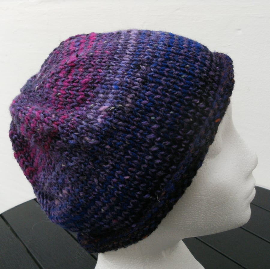 Handknit Roll Up NORO & DONEGAL Beanie Hat Stripey Purples, Blues & Pinks