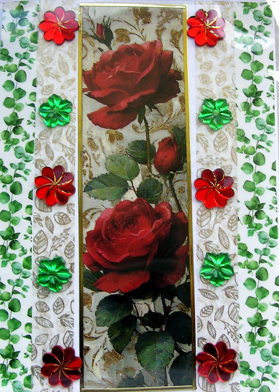Red Rose Flowers - Hand Crafted Decoupage Greeting Card - Blank 3278