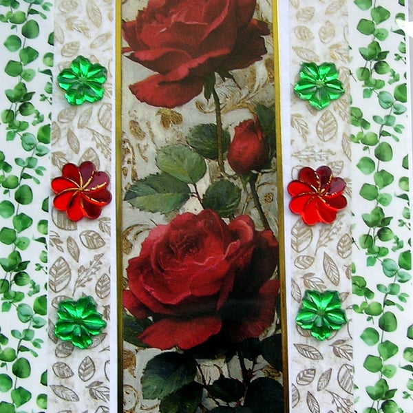 Red Rose Flowers - Hand Crafted Decoupage Greeting Card - Blank 3278