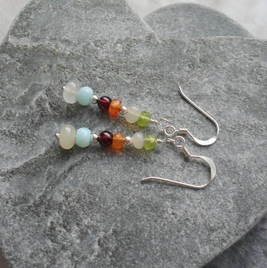 Sterling Silver Garnet  Peridot Opal and Carnelian Drop Earrings