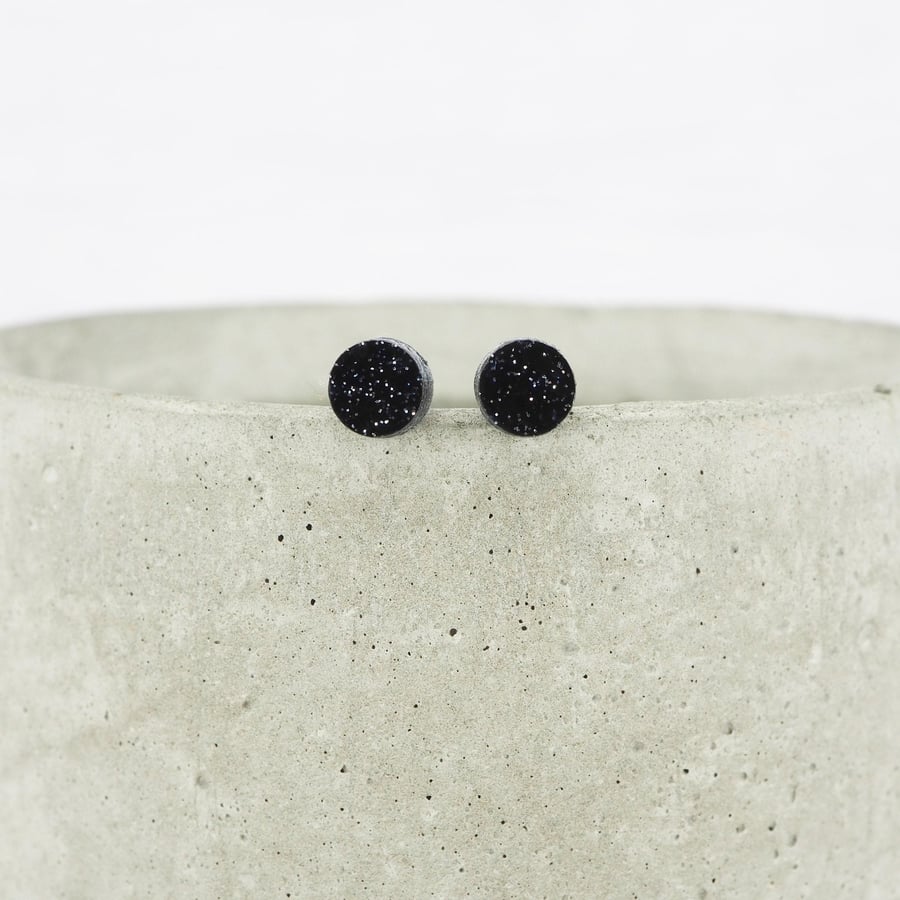 Titanium posts - Small Black glitter dot stud earrings - Delicate hypoallergenic
