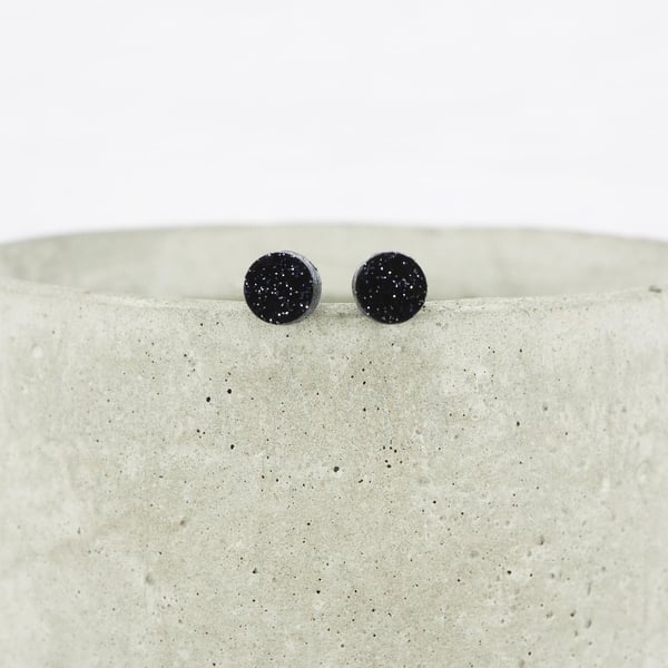 Titanium posts - Small Black glitter dot stud earrings - Delicate hypoallergenic