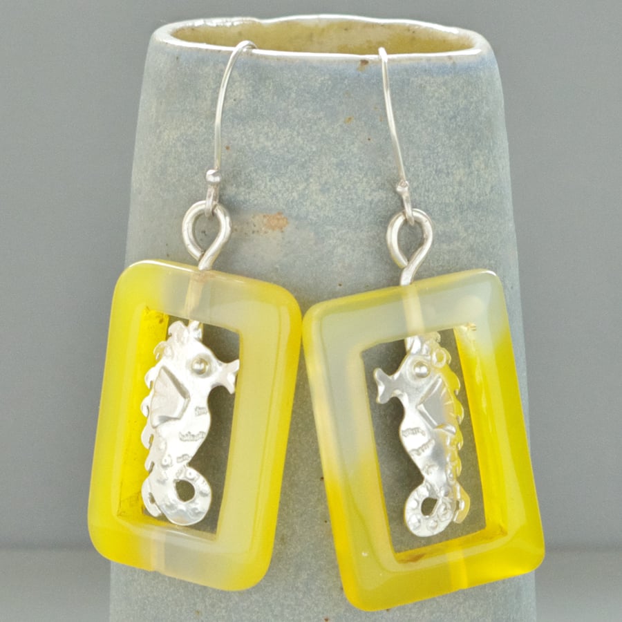 Unique Sterling Silver Dyed Yellow Agate Gemstone Seahorse Dangle Drop Earrings 