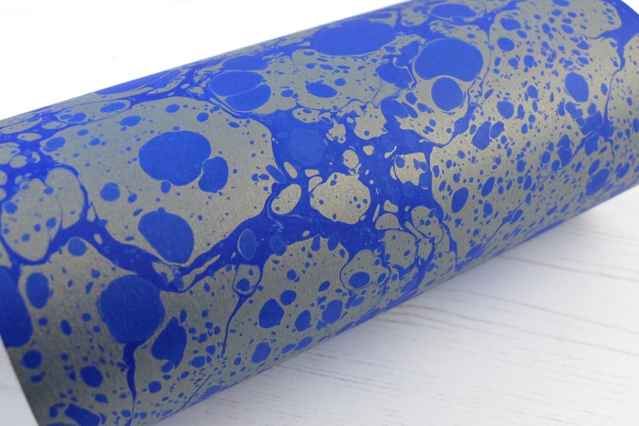 A4 Marbled paper sheet in blue and gold stone pattern slight second