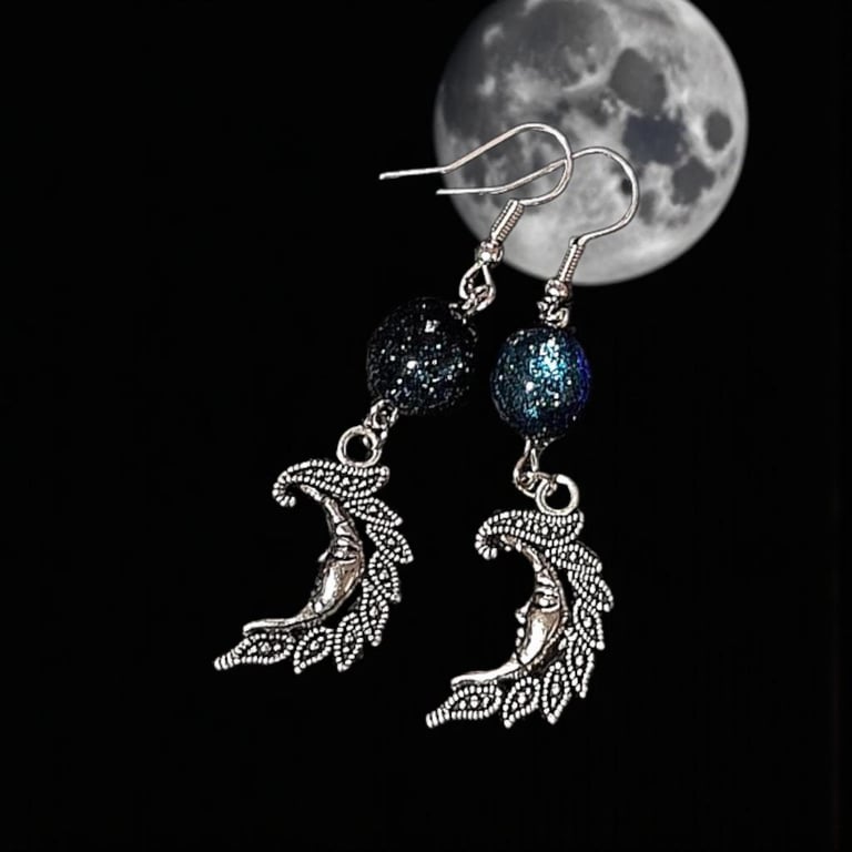 Crescent Moon Earrings: Mystical Universe Beads, Unique Jewellery, moon jeweller