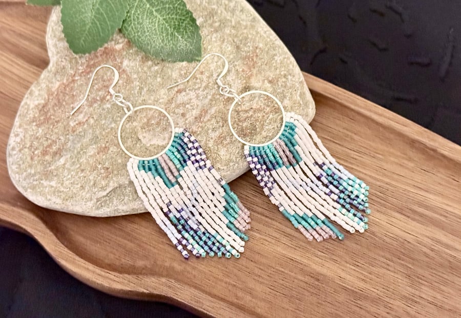 Beadwork hoop fringe earrings in in pale blue, pink and white