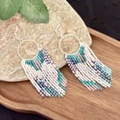 Beadwork hoop fringe earrings in in pale blue, pink and white